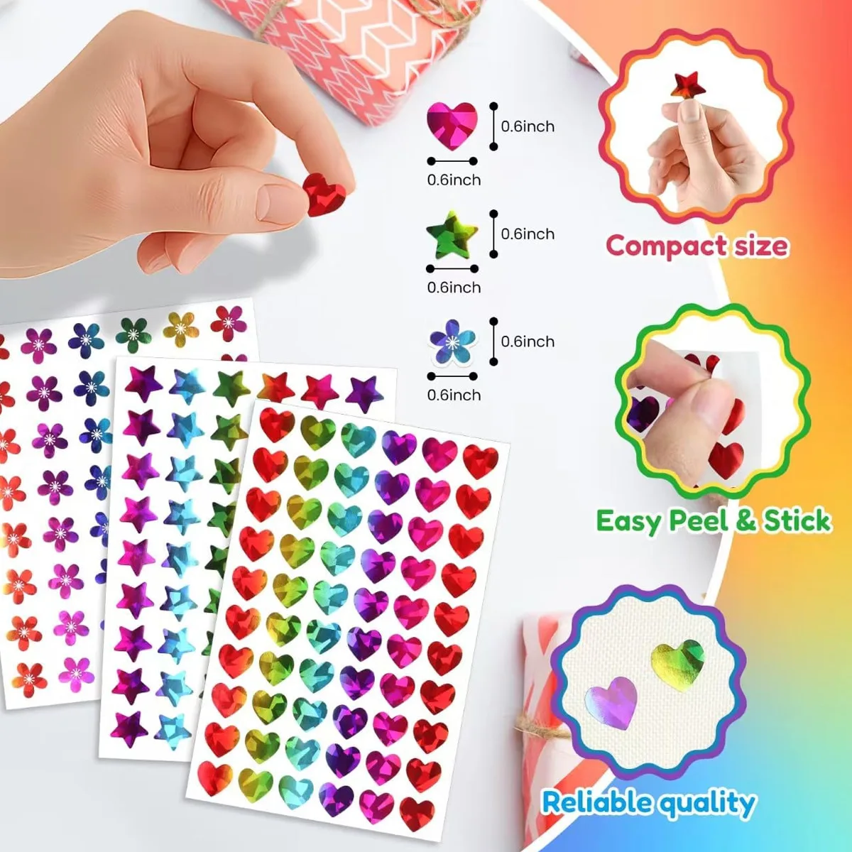100 Sheets Holographic Heart Stickers Glitter Small Heart Decals for Kids Reward Chart DIY Craft Supplies