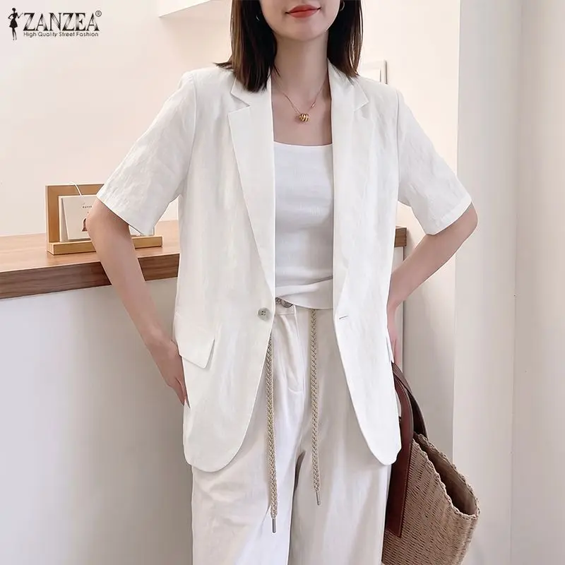 Women's Casual Loose Short Sleeves Blazer Cotton Linen Lapel Neck Button Up Solid Color Thin Jackets ZANZEA Office Wear Tops 2XL