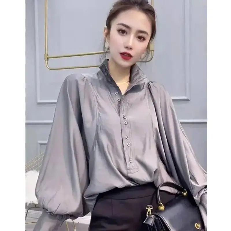 Stylish Solid Color Spliced Folds Lantern Sleeve Blouse Female Clothing 2023 Autumn New Casual Pullovers Loose Office Lady Shirt