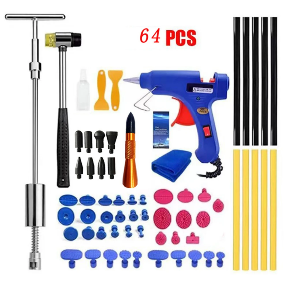 

64Pcs Auto Dent Puller Kit Paintless Dent Removal Tools With Heads T-bar Dent Puller Glue Stick Heating Handle Dent Repair Kit