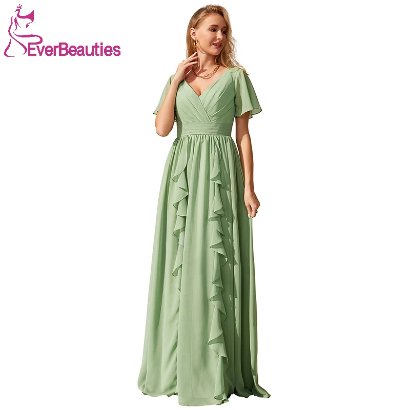 

Modest Bridesmaid Dresses with Sleeves Chiffon V-Neck Long Gowns and Evening Dresses for Wedding Robe Demoiselle D Honneur Femme