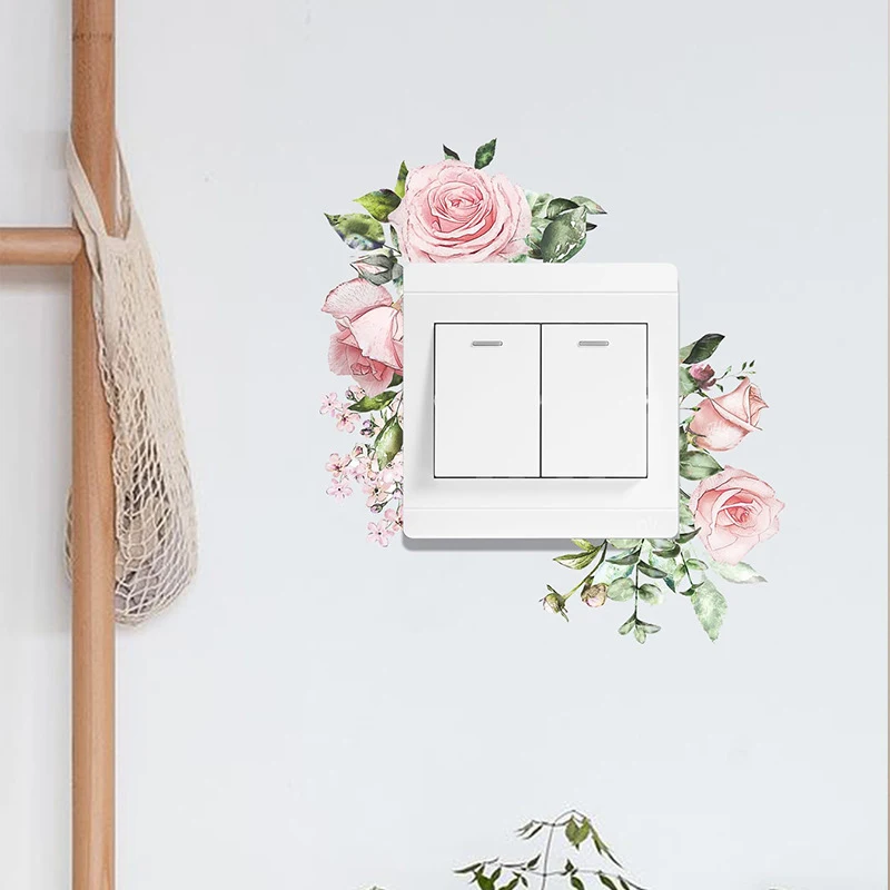 1PC Tropical Palm Flower Switch Sticker Style Home Decoration DIY Accessories Rose Peony Wall Stickers