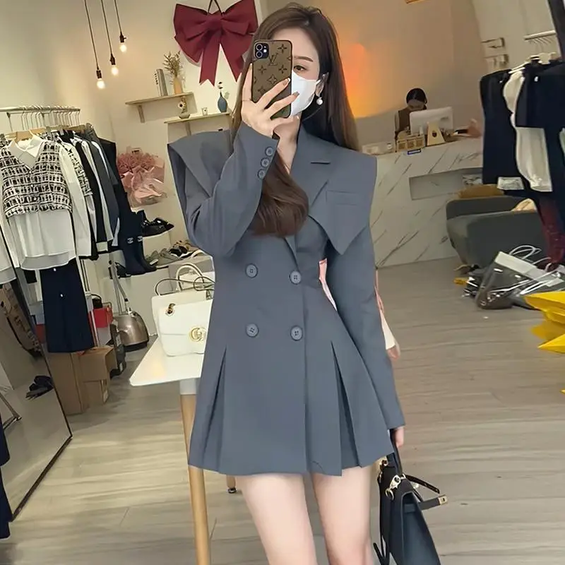

Women Solid Suit Dresses A Line Dress Spliced Collar Shawl Mini Lenth Long Sleeves Waist Cinch Slim Casual Elegant 2026 Spring