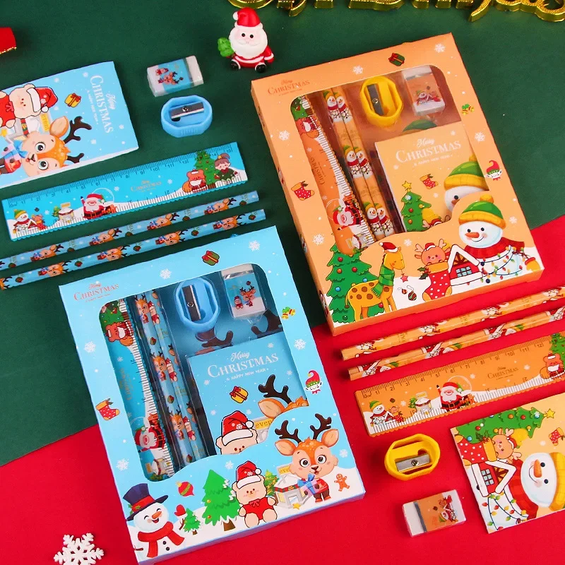 6pcs/set Christmas Gifts for Kids Stationery Set Party Favor Pencil Sharpener Eraser Note Book Kawaii School Stationery Supplies