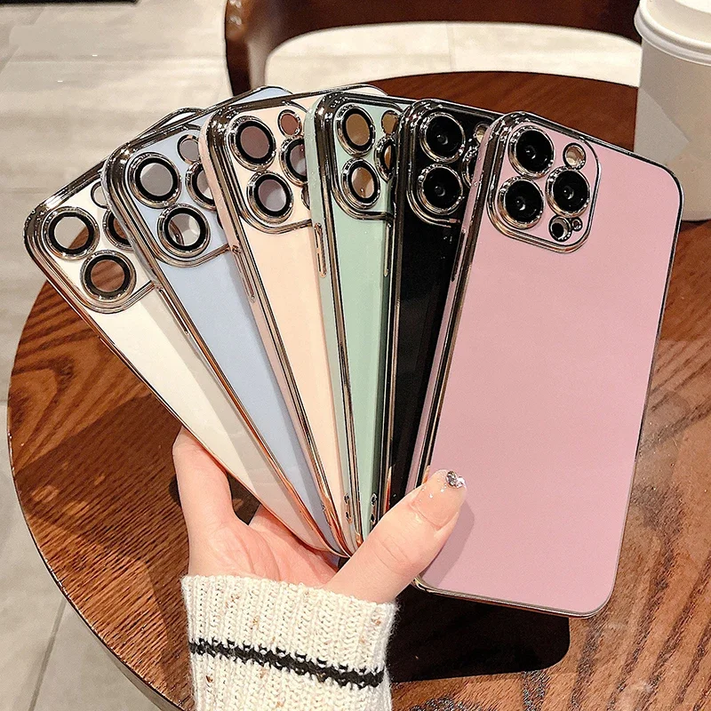 Funda Case For iPhone 15 14 11 12 13 Pro Max Plus Plating Electroplate Lens Protection Soft Silicone Cover