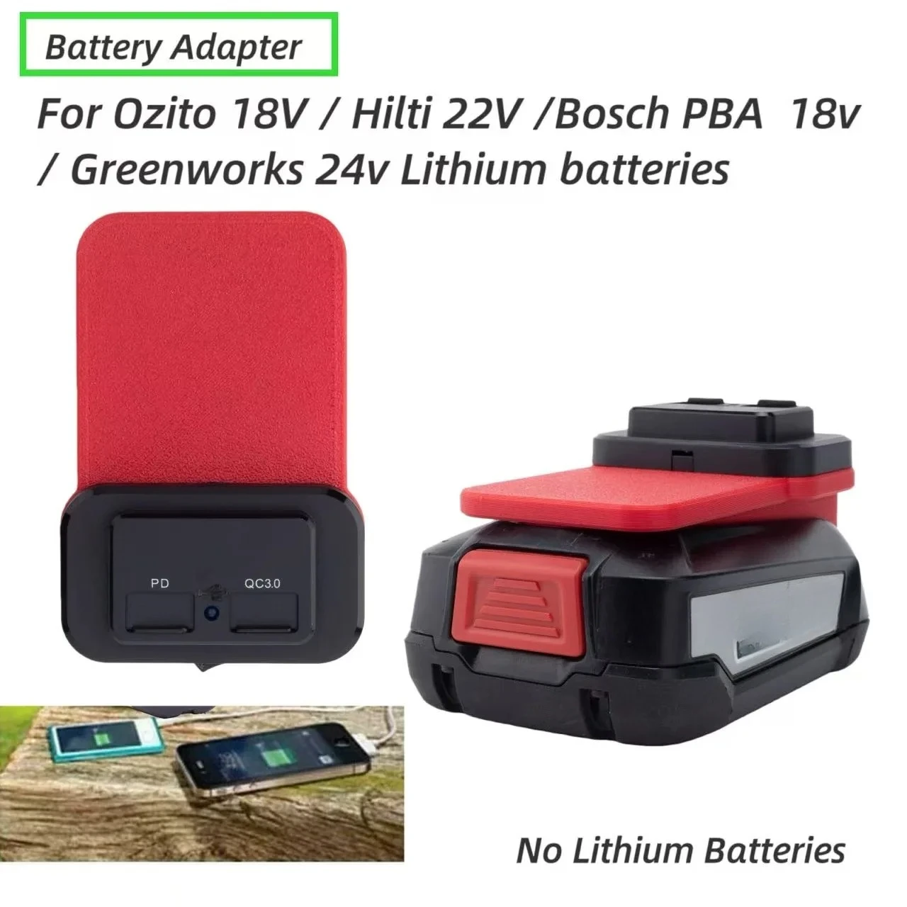 

PD QC3.0 Phone Charger Fast Charge Adapter Accessories Type-C USB For Ozito 18V / Hilti 22V /Bosch PBA / Greenworks Battery
