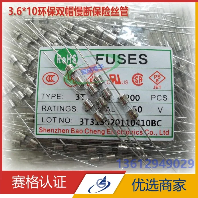 3.6x10 Slow Break Glass Fuse Lead Wire Fuse 250V0.1A-1A 2A-15A