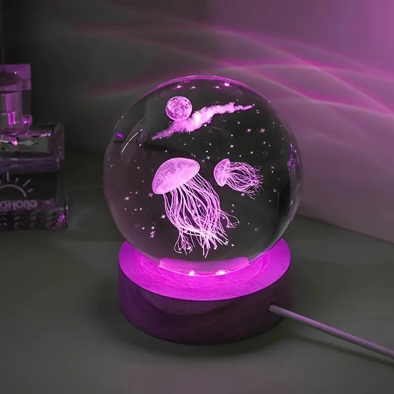 3D Jellyfish Laser Engraved 6cm Crystal Ball LED Fairy Birthday Girlfriend Children Birthday Gifts for Guests