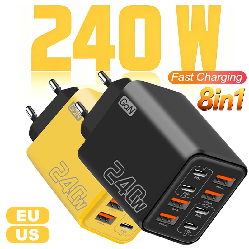 240W GaN 8 in 1 Fast Charging Phone Charger USB C Charger Power Adapter Type C EU/US Plug Wall Charger For iPhone Samsung Xiaomi