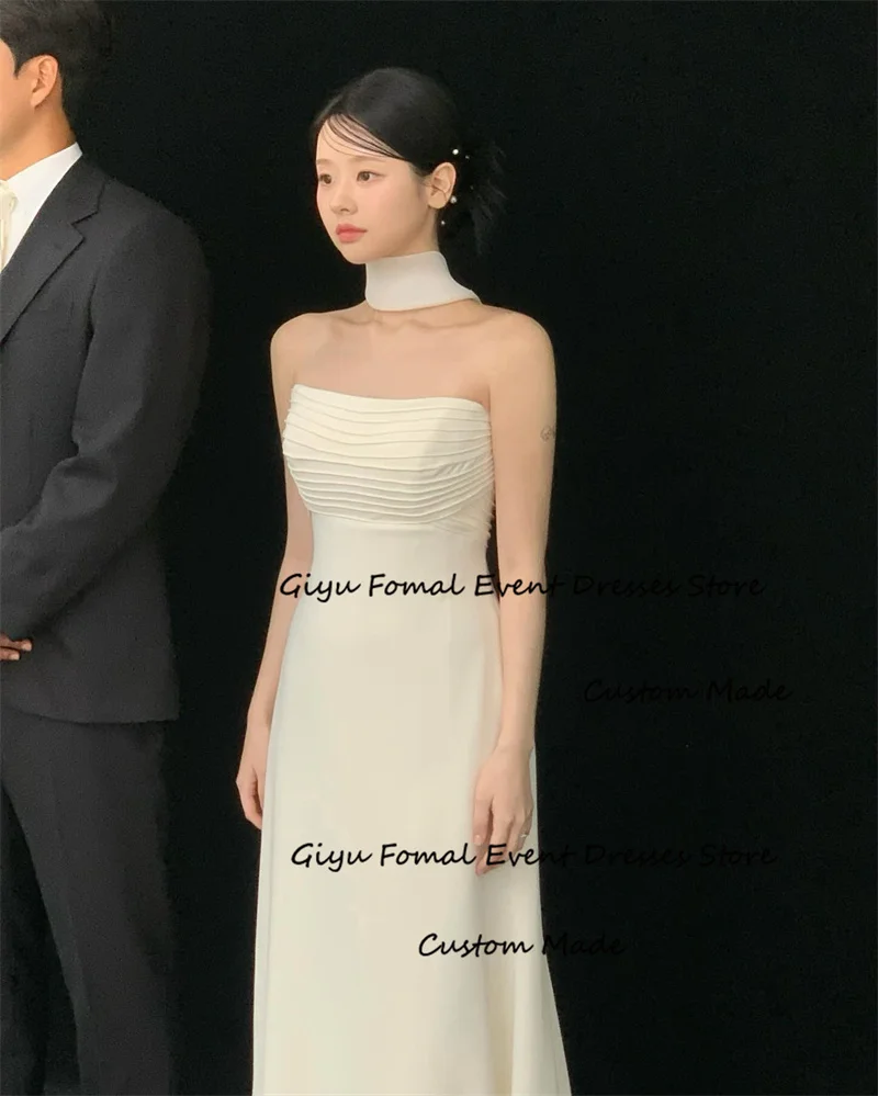 Giyu Elegante Plooien Zijde Satijn Trouwjurken Korea Fotoshoot Scalf Strapless Vloer Lengte Bruidsjurken Korset Terug