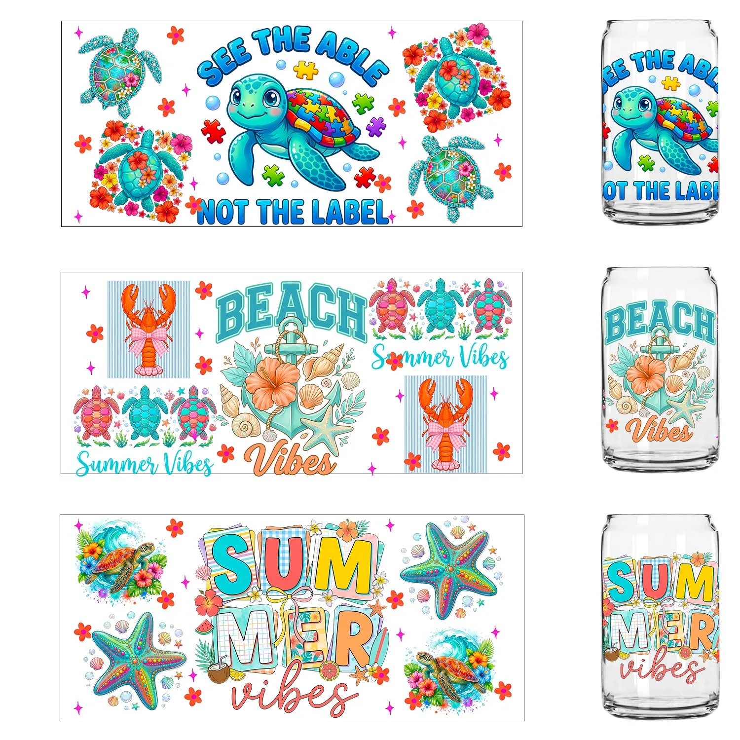 Summer beach vibe UV DTF Transfer Sticker DIY Decals 3D transfers uvdtf stickers 16oz uv dtf cup wraps