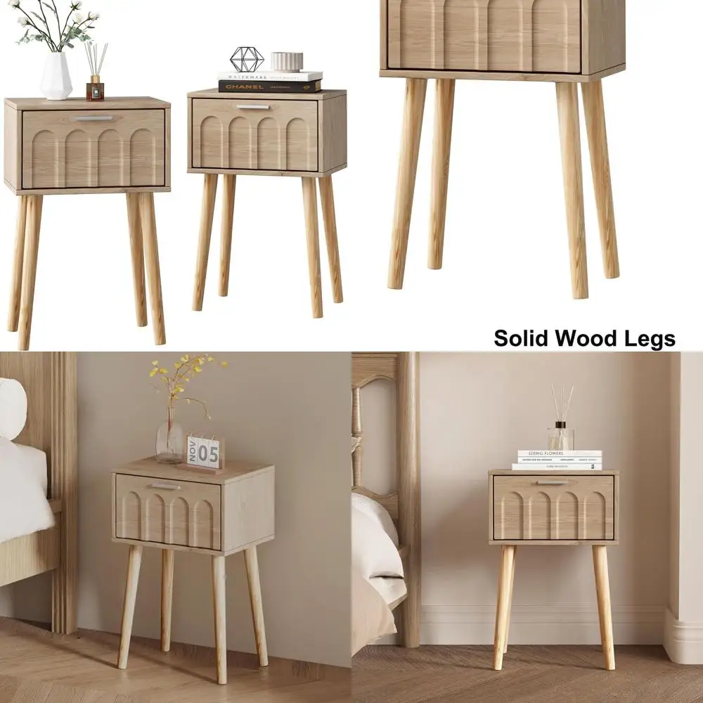 

Пара небольших прикроватных тумбочек в стиле Mid-Century с деревянными ножками, идеально подходят для спален и компактных помещений (натуральная отделка)