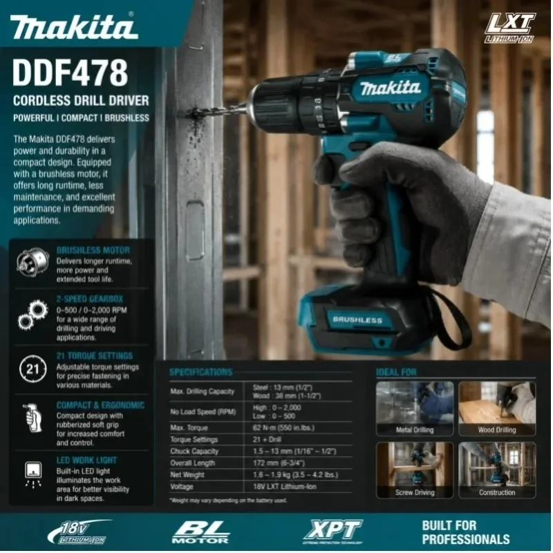 Makita DDF487 Akku-Bohrschrauber 18V Bürstenloses Elektrowerkzeug mit BL1860 6,0Ah Lithium-Akku Kompakter Hochdrehmoment-Schraubendreher für Holz, Metall, Heimreparaturen, Möbelmontage, Professionelle