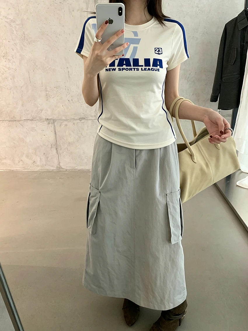 Summer Ladies Athletic Crop Tee Punk Short Sleeve Striped Side Letter Print Slim Y2K Streetwear Sport T-shirt Female Casual Tops