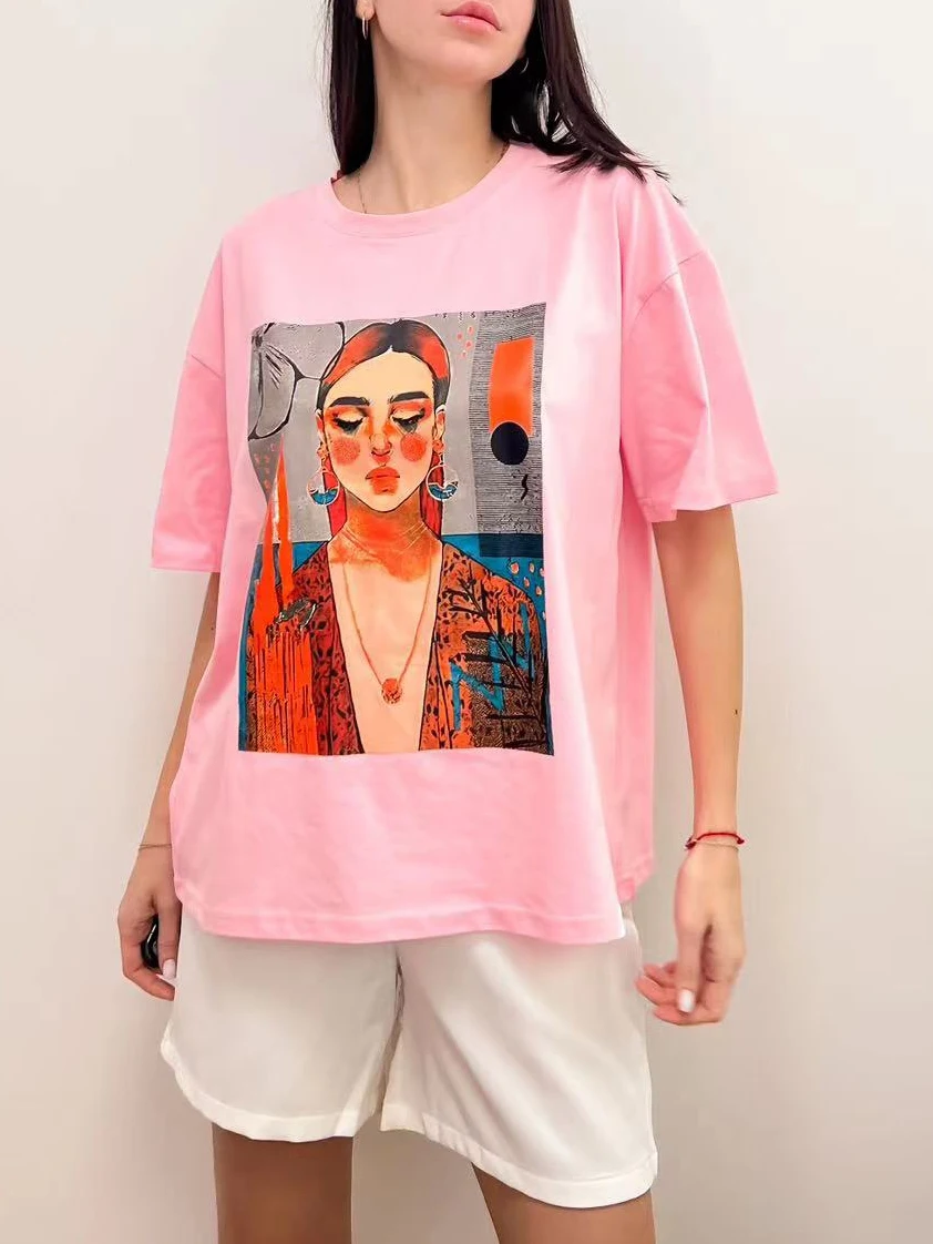100% Cotton Women\'s Oversized T-shirts with Print Comics Tees Simple Short Sleeve Tops Summer Basic Soft T-shirt for Women 2024