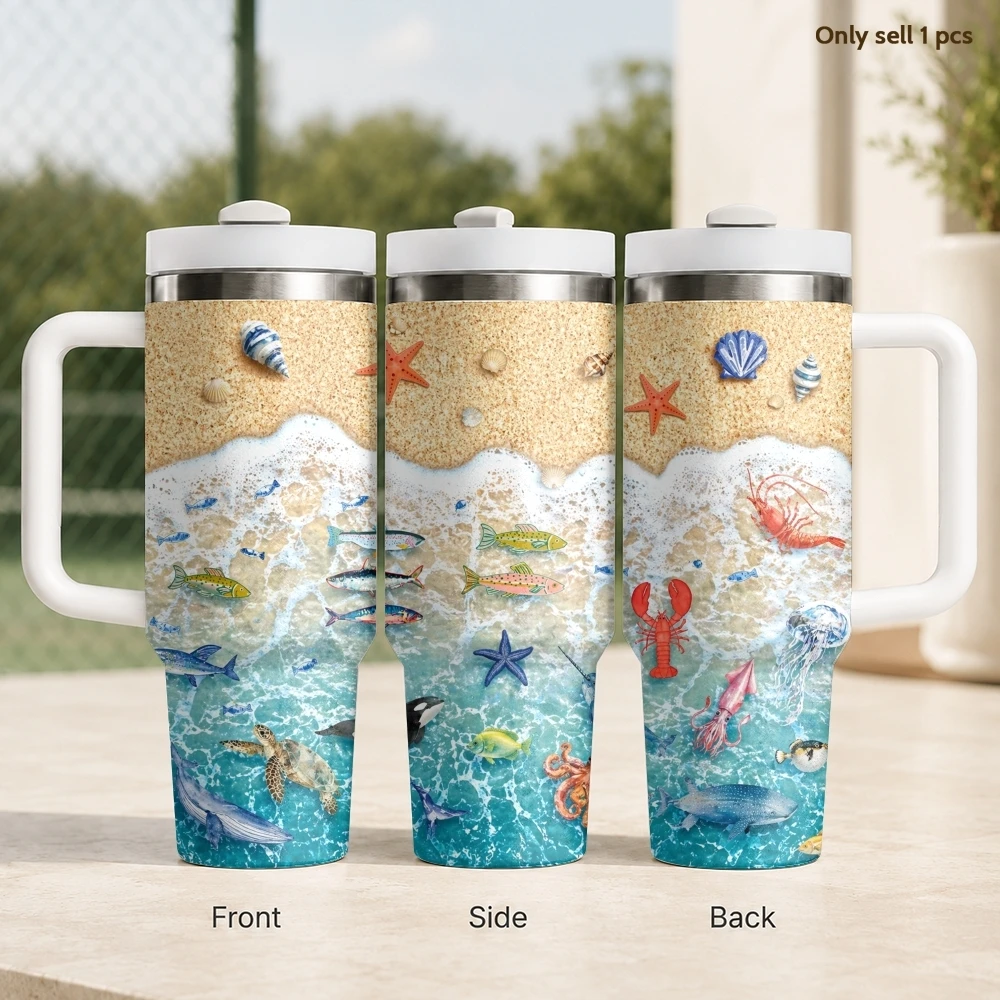 Summer Ocean Design Vacuum Flasks 40oz Stainless Steel Insulated Tumbler with Handle & Straw Leakproof Travel Mug