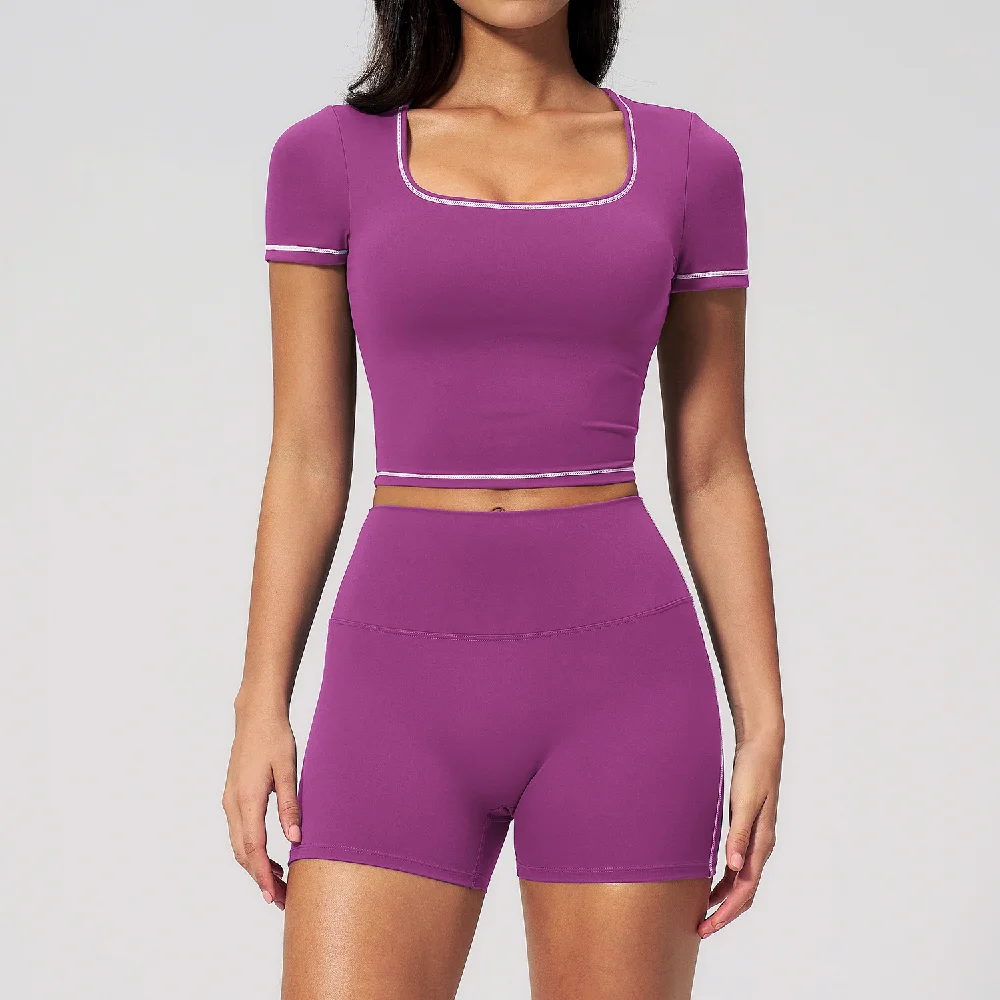 2 Pieces Yoga Set Fitness Short Sleeves Workout Clothes Shockproof Crop Top Fitness  Cycling shorts Athletic Wear  Shorts Outfit