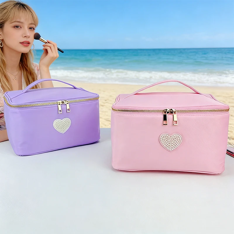 New Spring 2026 Ladies Waterproof Nylon Handbag Heart-Shaped Cosmetic Box with Shiny Pearl DIY Mesh Toiletry Bag