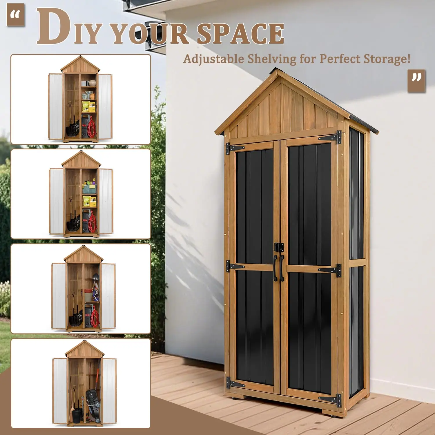 Outdoor Storage Cabinet Waterproof Shed with Shelves, Wood & Metal Patio Backyard Garden Tool Organizer for Outside, Customized view 6