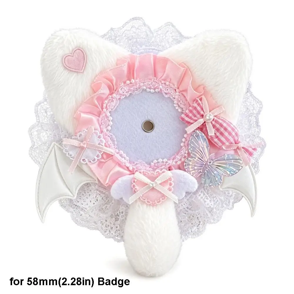 Lightweight Cat-Ear Shape Badge Display Case Lace Edged Heart Accent Badge Holder Bow Design Soft Can Badge Cover DIY Decor