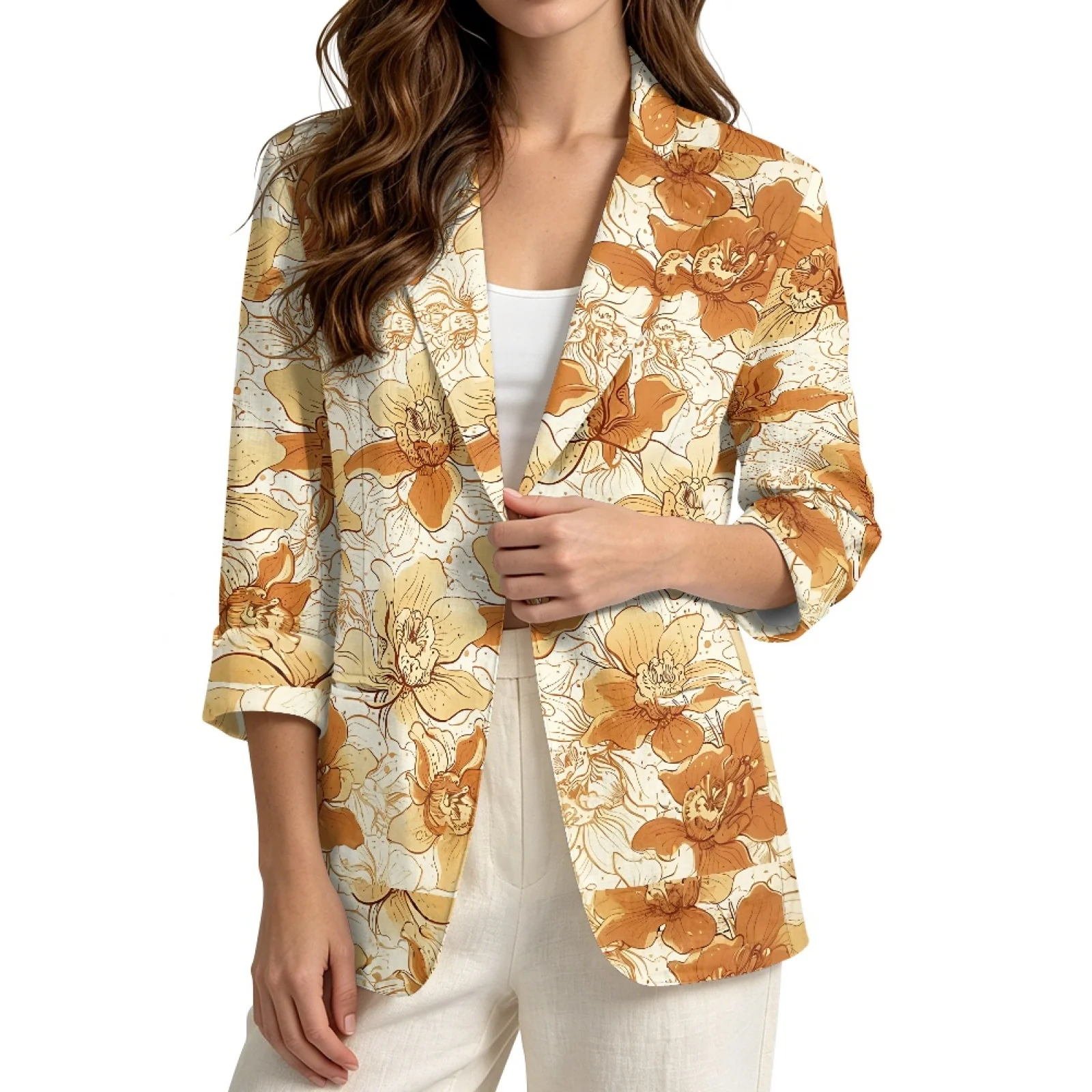 PENSTROLL Orange Floral Linen Like Beach Coverups Outerwear for Women Casual Open Front Button Cardigans