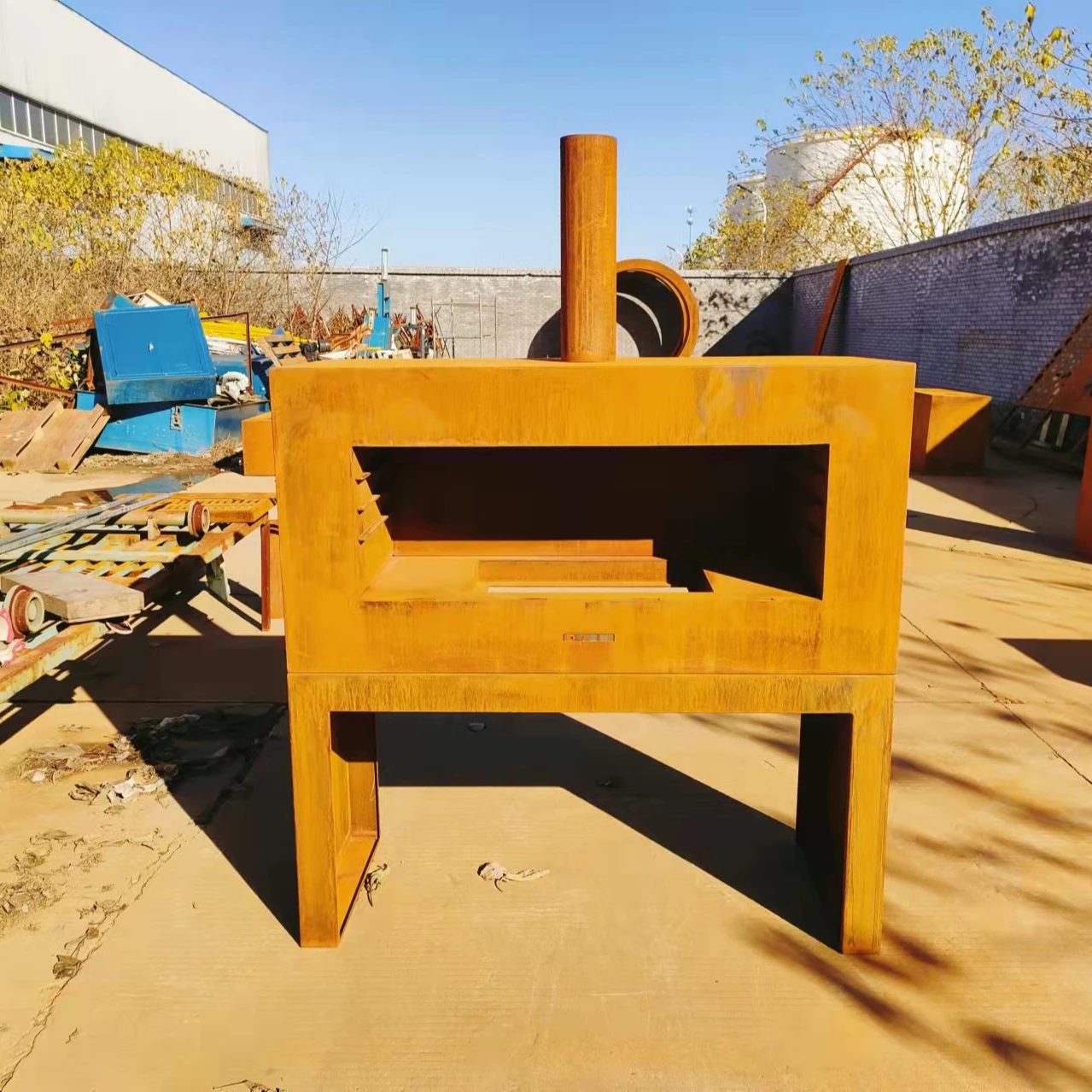 Outdoor chimney European wood burning fireplace with wood storage