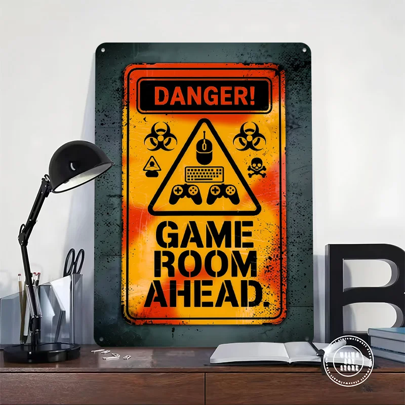 Danger! Game Room Ahead Warning Sign Poster Customized Vintage Metal Signs Wall Art Retro Tin Plaque for Mancave Decoration Home
