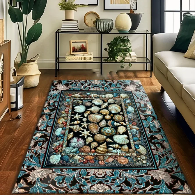 Ocean Theme Coastal Area Rug  Beachy Cottage Nautical Theme Seashell Art Vintage Marine Life Bedroom Accent Rug Eclectic Decor