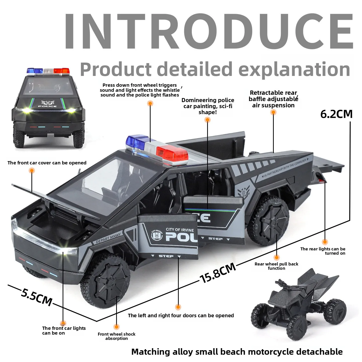 1:32 Cybertruck coche de policía recogida coche de aleación modelo Diecast vehículo de juguete sonido luz imitación para niños juguetes de regalo de Navidad