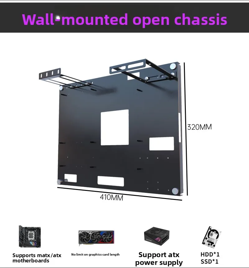 Open Frame Wall Mount PC Case – Support ATX/MATX Motherboard, Pegboard Compatible Test Bench Chassis
