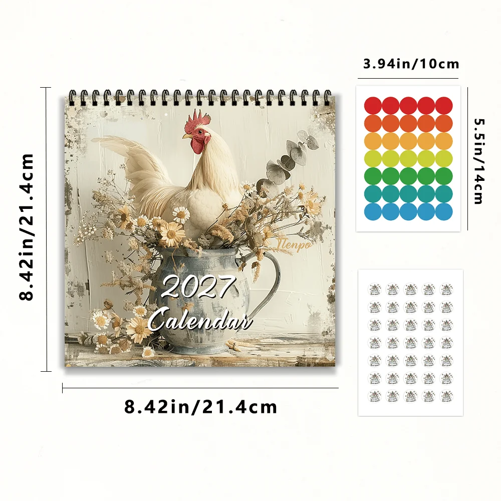1pc 2027 Oil Painting Rooster Wall Calendar,12‑Month Planner,Gift For Back‑to‑School,Christmas,New Year,Free Stickers Included