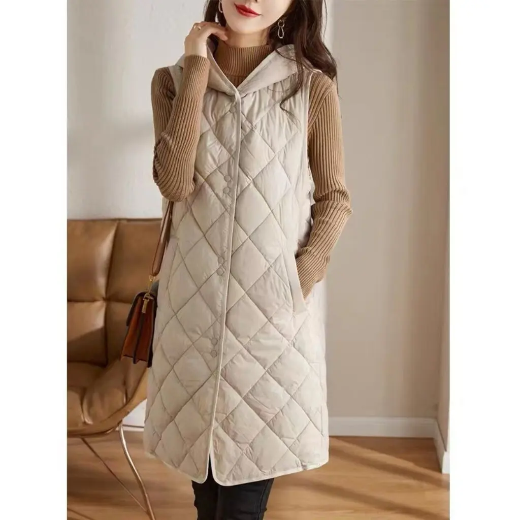 

Women's Lightweight Warm down Hooded Vest Mid-Length Sleeveless Jacket Elegant Loose Coat for Autumn Winter