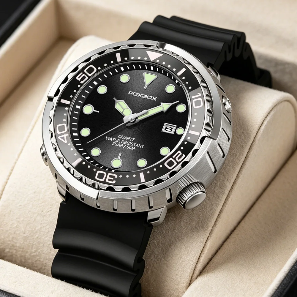 

FOXBOX Mens Watches Luminous Quartz Wristwatch 5ATM Sports Waterproof Clock with Steel Bezel Watch for Men Male Clock+Watch Box
