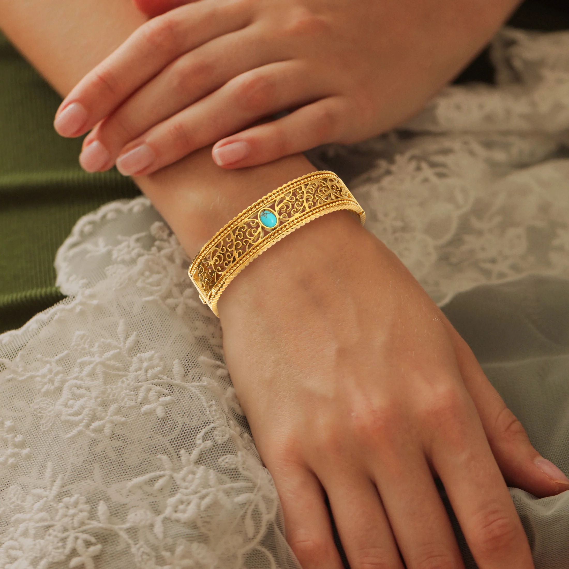 Exquisite ornate style openwork design with turquoise stainless steel bracelet Suitable for daily wear and gifts Unisex style