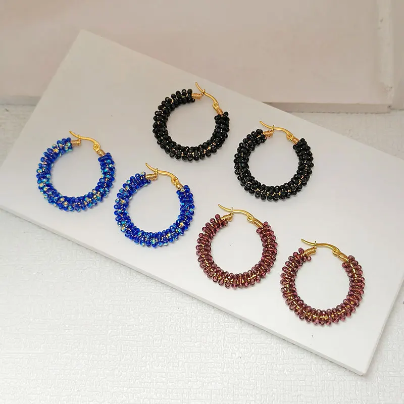 ZGMXR Rice bead earrings Circle Bohemia Crystal Winding Hand textile Dazzling colors Alloy Female Fashion Simple Beaded earrings