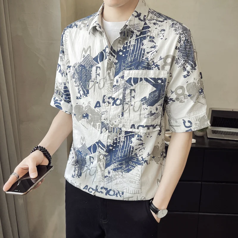 Men's Slim Fit Floral Short Sleeve Shirt Korean Style Casual Button Down Summer Lightweight Tops Blouse