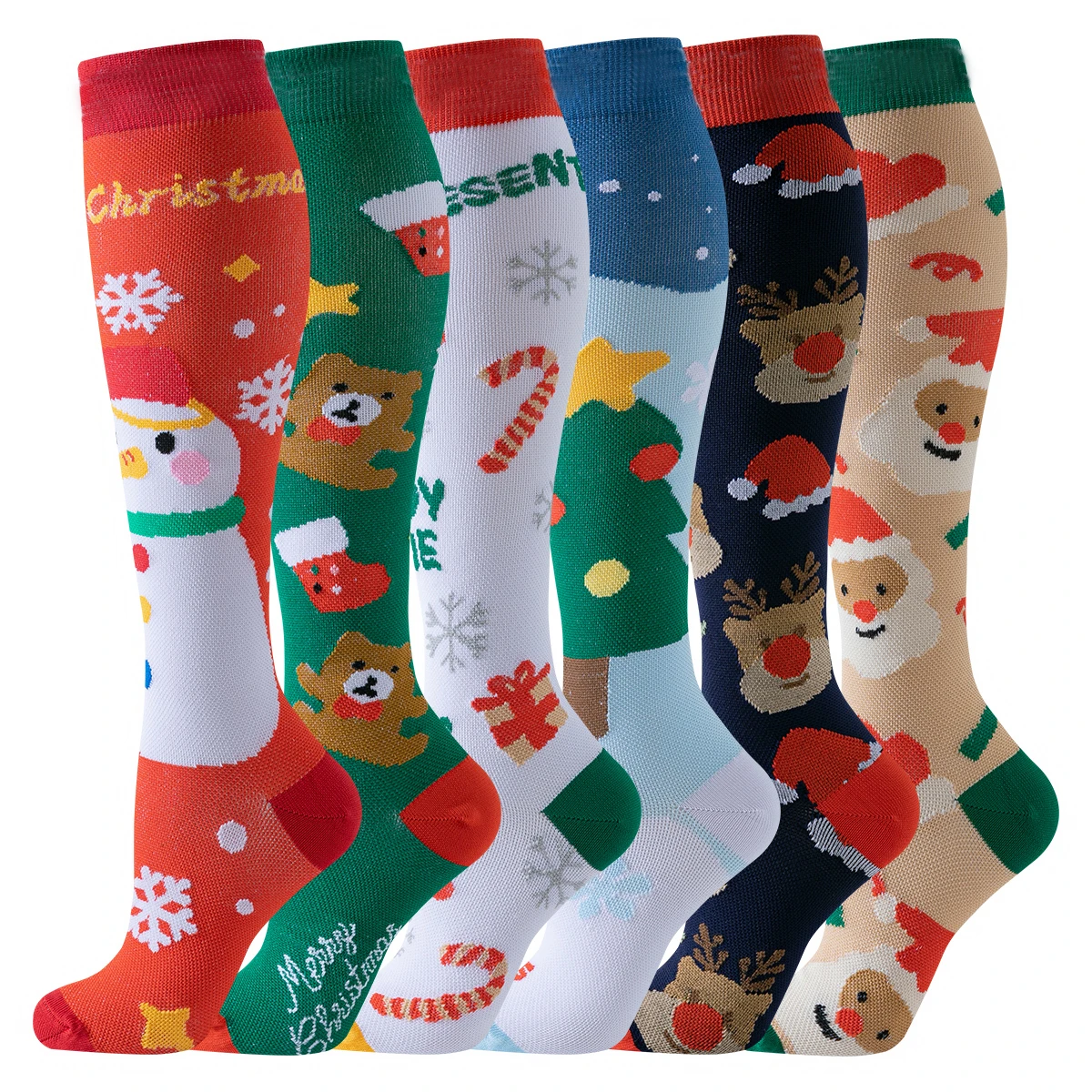 Chaussettes de compression de Noël pour hommes, chaussettes de sport pour la course à pied, chaussettes d'infirmière, 6 paires