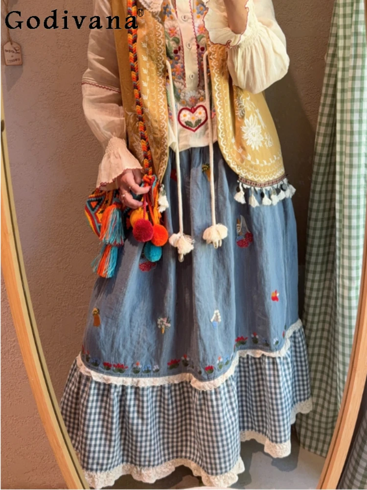 2025 Autumn Winter New Ethnic Style Women Embroidered Lace Skirt Fashion Versatile Patchwork Plaid Linen Elastic Waist Skirts