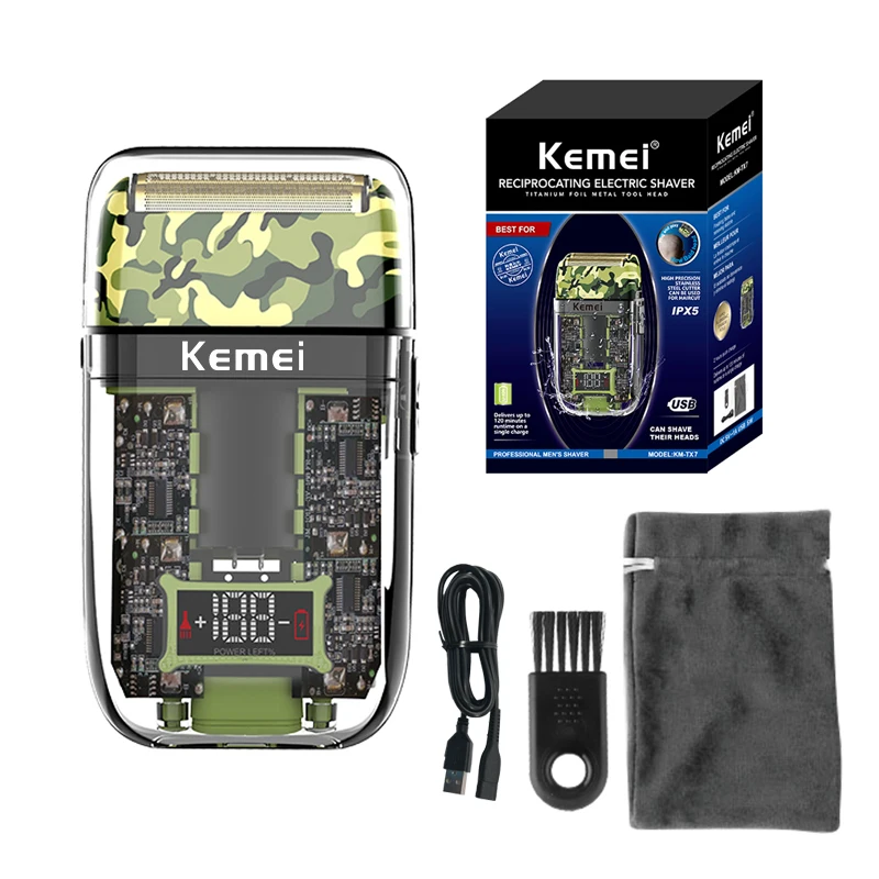 Kemei Transparent Electric Shaver Men Electric Razor Rechargeable Beard Shaver Floating Face Care Shaving Machine