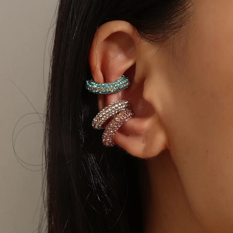 C-Shape Colorful Rhinestones Ear Clips for Women Bohemian Ear Cuff Luxury Clip On Earring Female Jewelry Personality Accessories