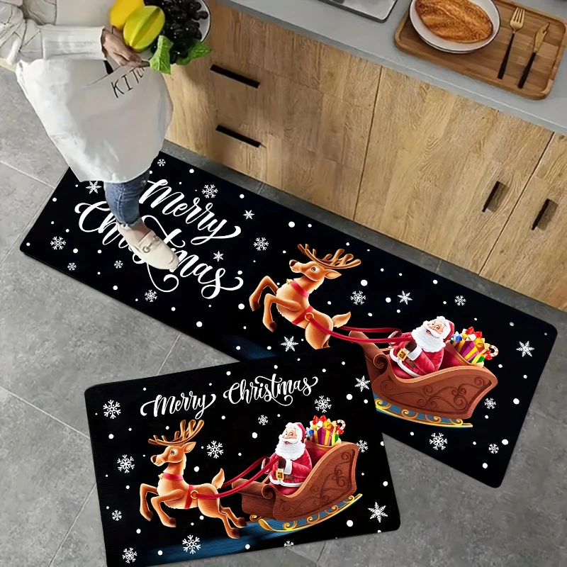 Festive Christmas Kitchen Rug Black Long Runner with Reindeer Floor Mat and Snowflakes Doormat Area Rug Design Home Decoration