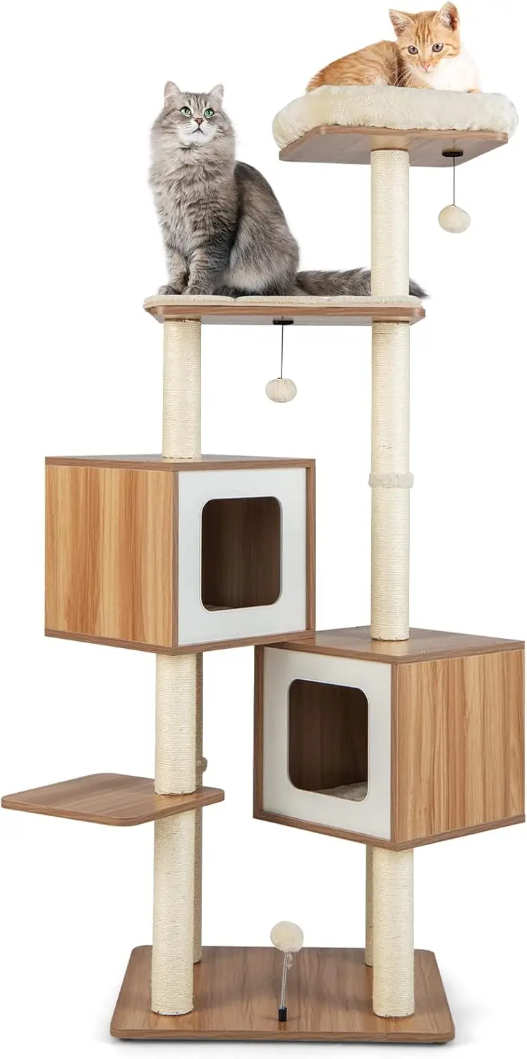 Modern Cat Tree for Indoor Cats, 64.5 Inch Tall Cat Tower with Sisal Scratching Posts, Washable Cushions, Top Perch