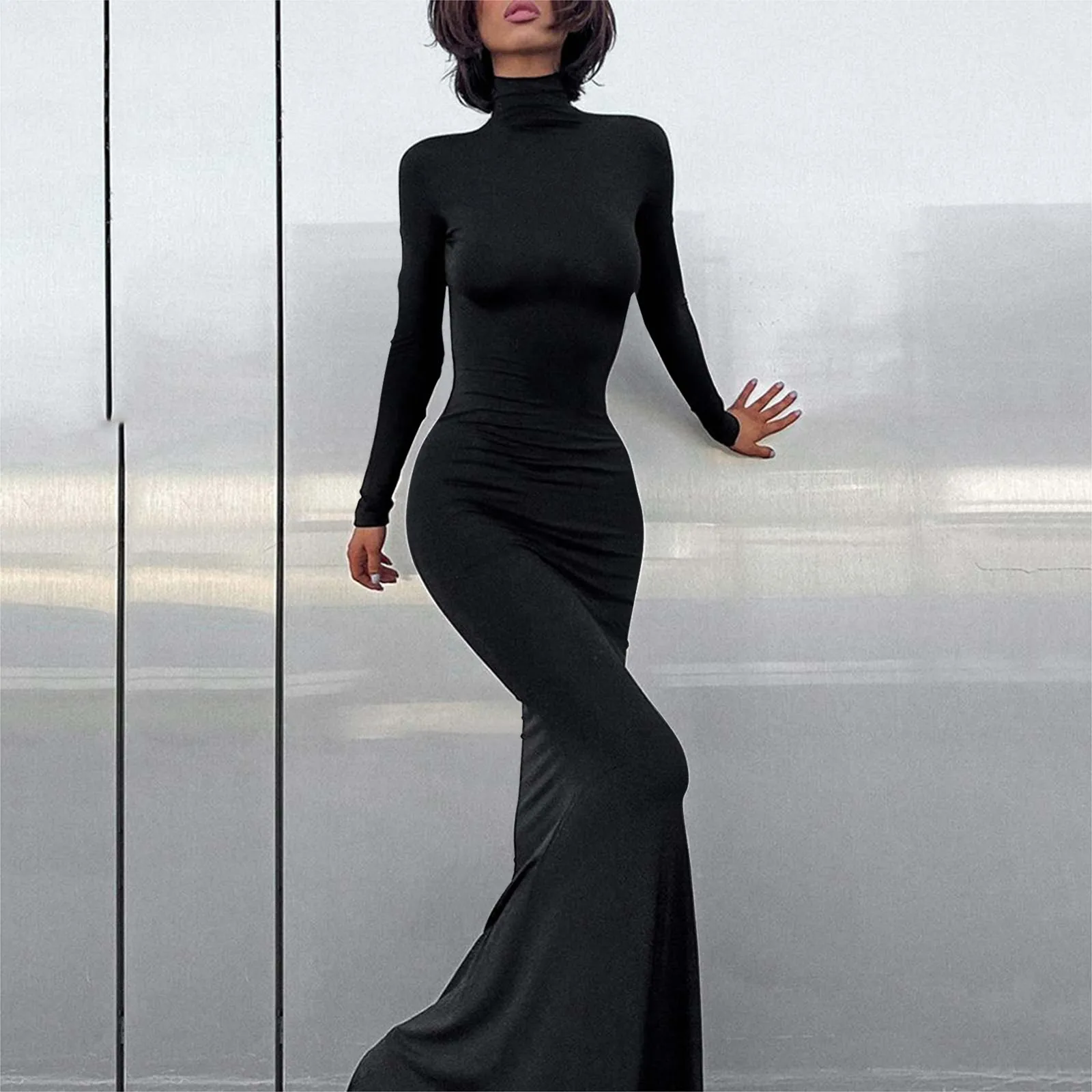 Princess Dresses For Girls Solid Color Long Sleeve Maxi Dress For Women Slim Bodycon Hip Wrap Black Dresses For Women Vestidos