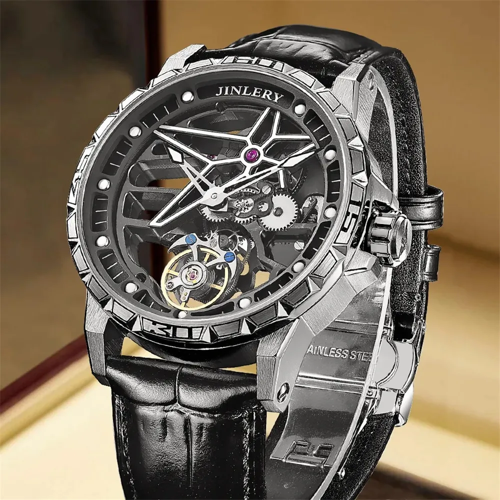 JINLERY Tourbillon reloj mecánico de cuerda a mano reloj de pulsera para hombre cristal de zafiro esqueleto para hombre relojes impermeables reloj Masculino