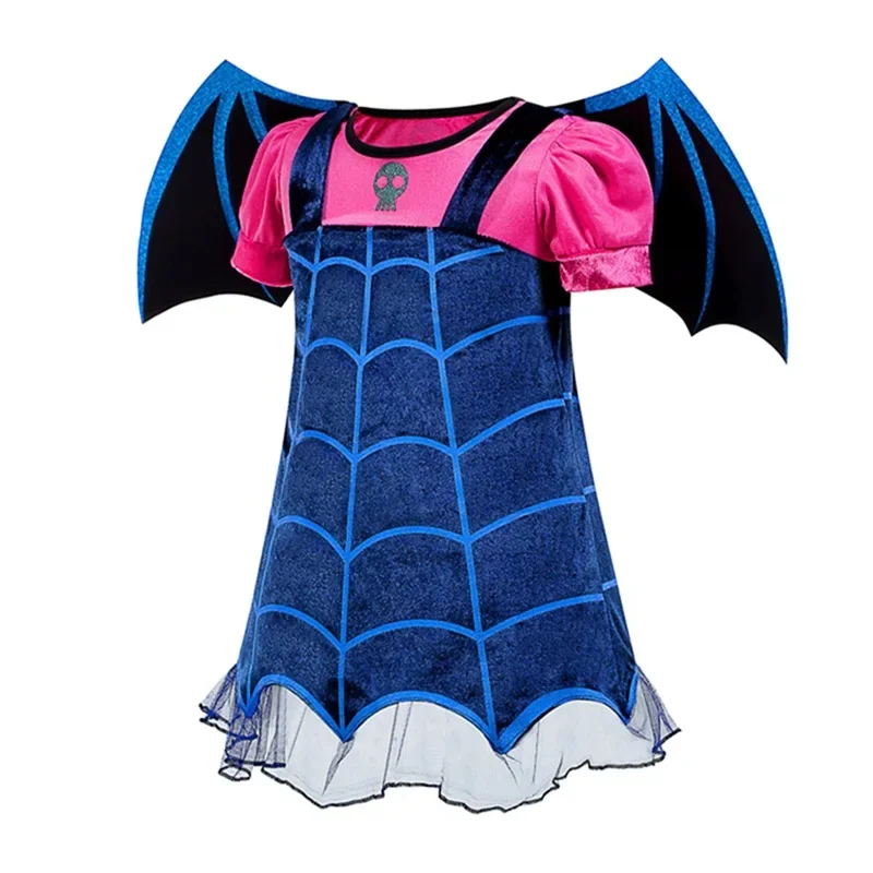 Ensemble jupe courte de vampire bleu de dessin animé pour petite fille, bande de sauna, gants ailés, cosplay d'Halloween, déguis