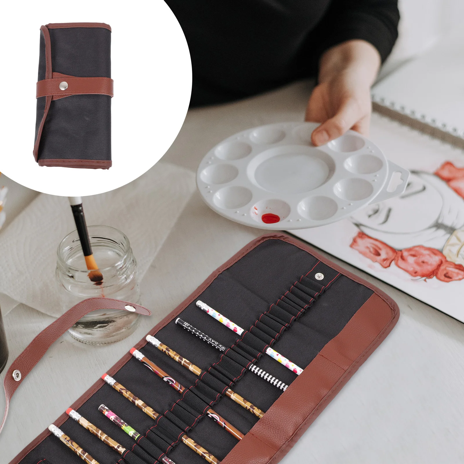 2 قطعة مقلمة من القماش باللون الأسود والبني مع مقصورات للممحاة ومبراة وحقيبة أقلام رسم فنية