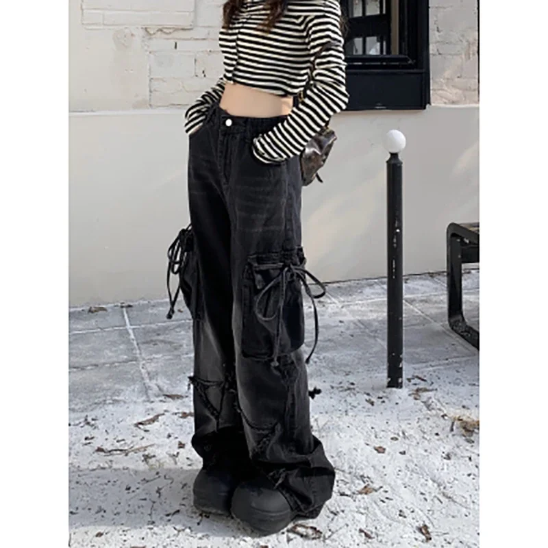 Vintage Cargo Jeans Women High Street Design Loose Thin Straight Trousers Raw Edge Gradient Versatile Denim Pants Female