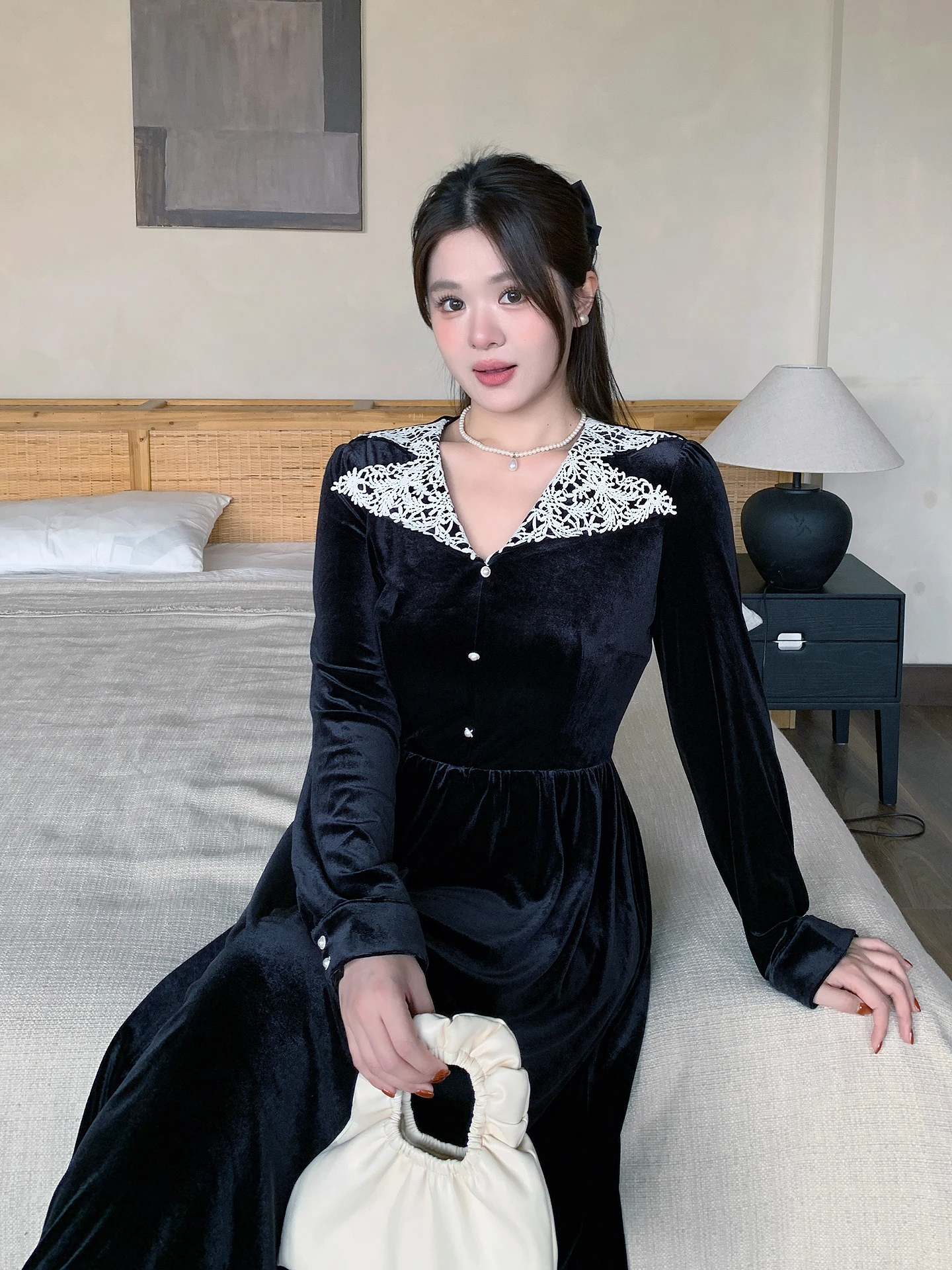 

Бархатное длинное платье для женщин больших размеров Hepburn Sle, кружевная юбка с отложным воротником, элегантная юбка трапециевидной формы, французская юбка, осень-зима