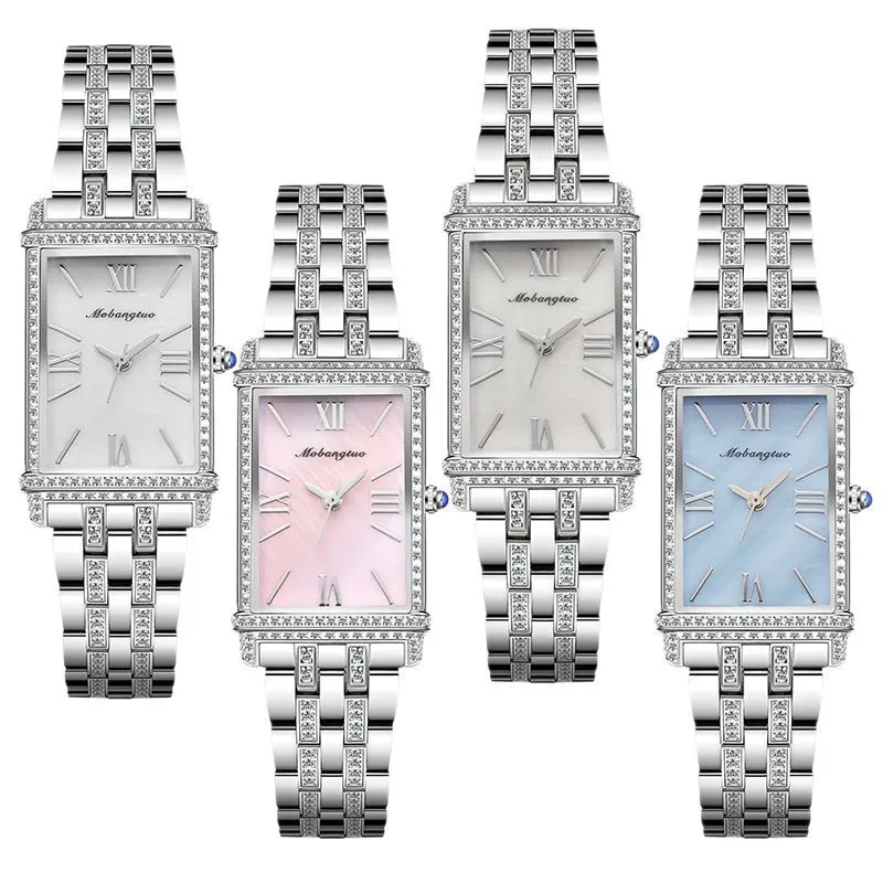 Diamond-Encrusted Square Quartz Watch for Women Fashion Hot-Selling Steel Band Mother-of-Pearl Wristwatch