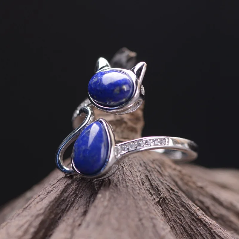 Real 925 Sterling Silver Lapis Lazuli Natural Stone Ring Lovely Cat Rings For Women Exquisite Fine Jewelry